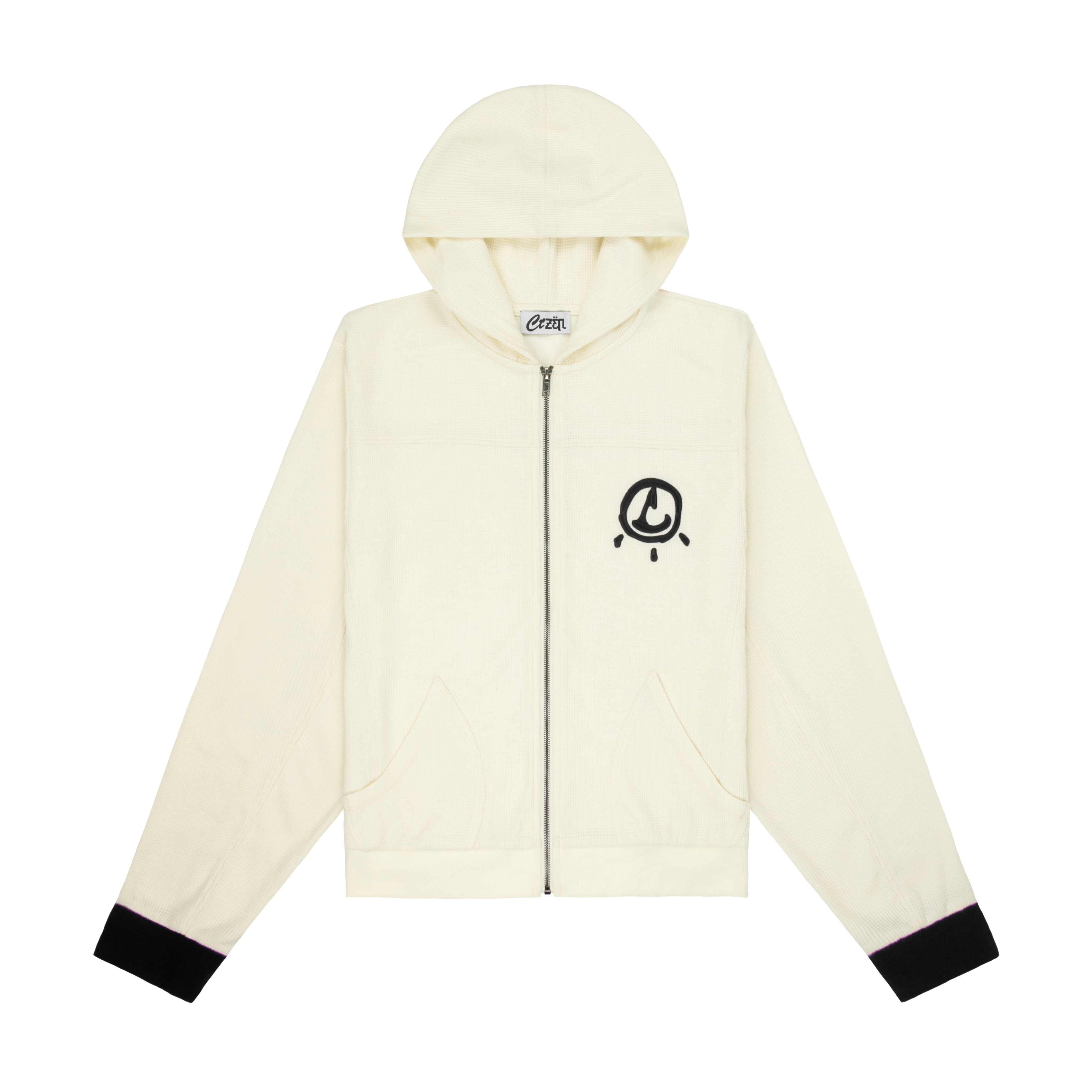 White hoodie with black accents on a white background